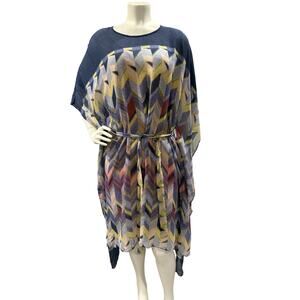 BCBG MaxAzria Suzy Silk Chiffon Blue Chevron Print Kaftan Sleeve Belted Dress L